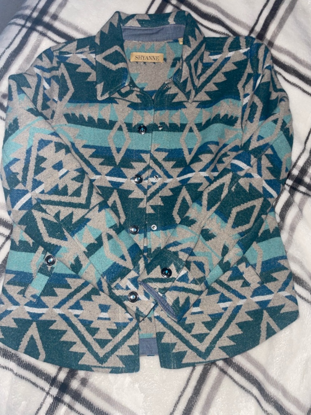 Shyanne Teal & Gray Geometric Aztec Button-Up Shirt/Shacket